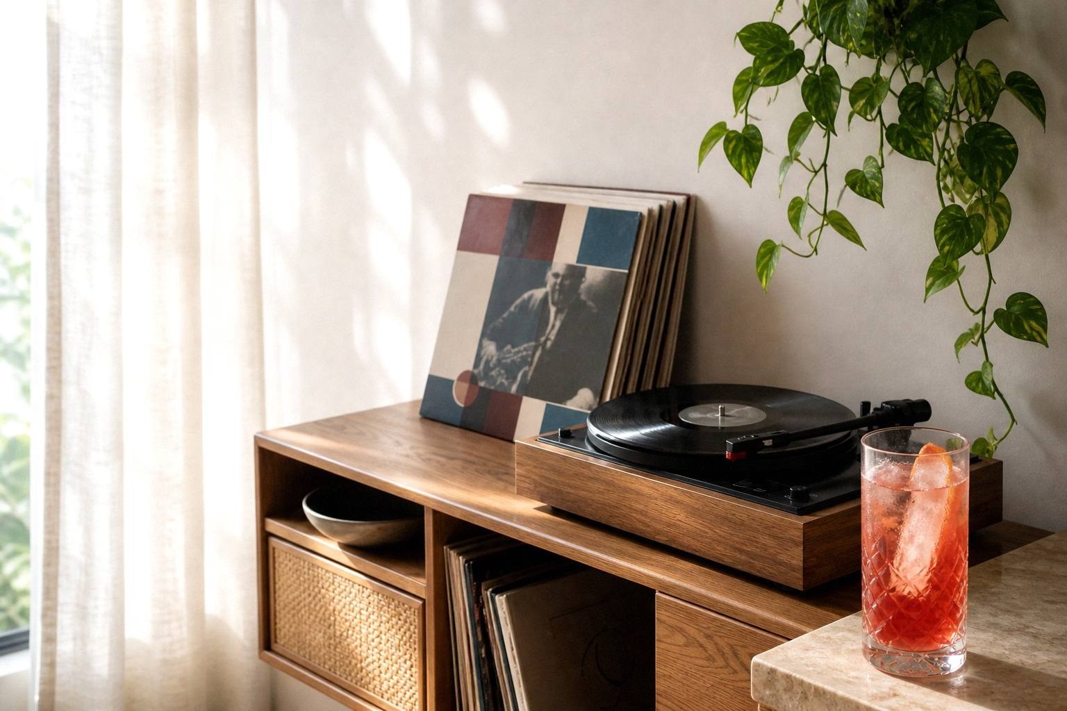 Sunlit home listening corner with a vintage highball, turntable and jazz record sleeve