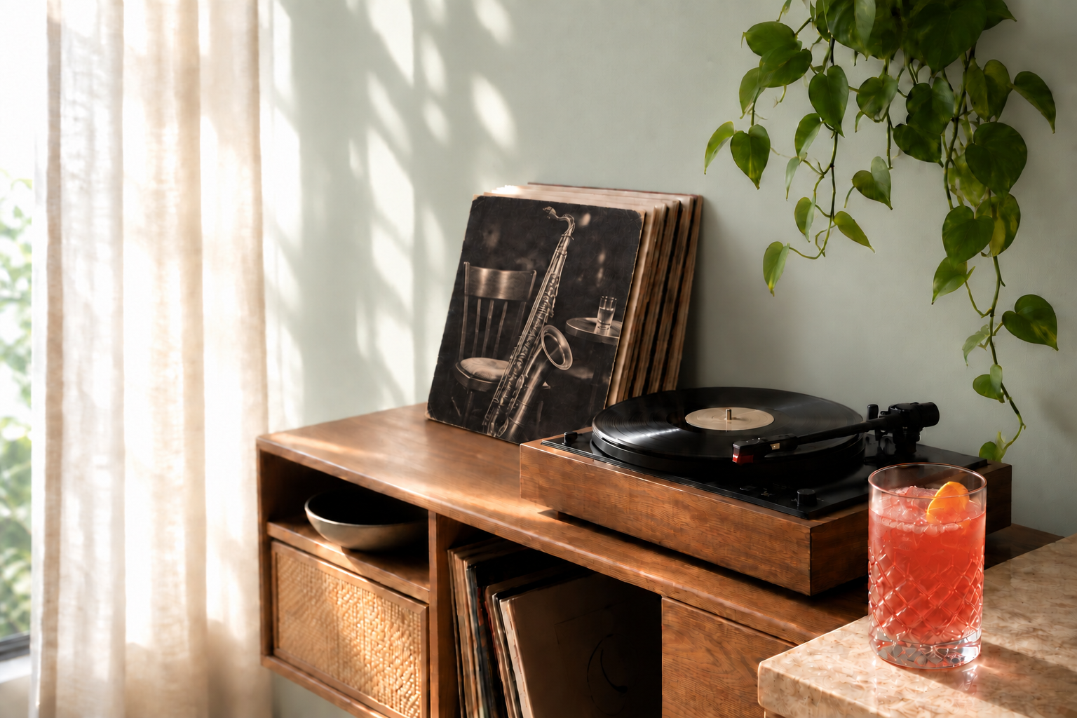 Sunlit listening corner with a jazz record sleeve, turntable and pink drink