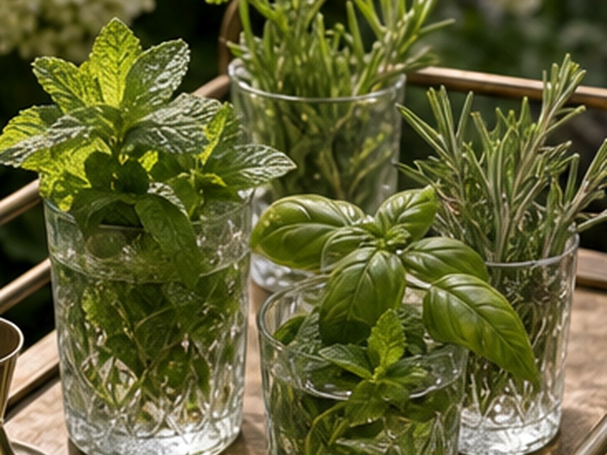 herbs in water for 8 garden party bar cart setup ideas