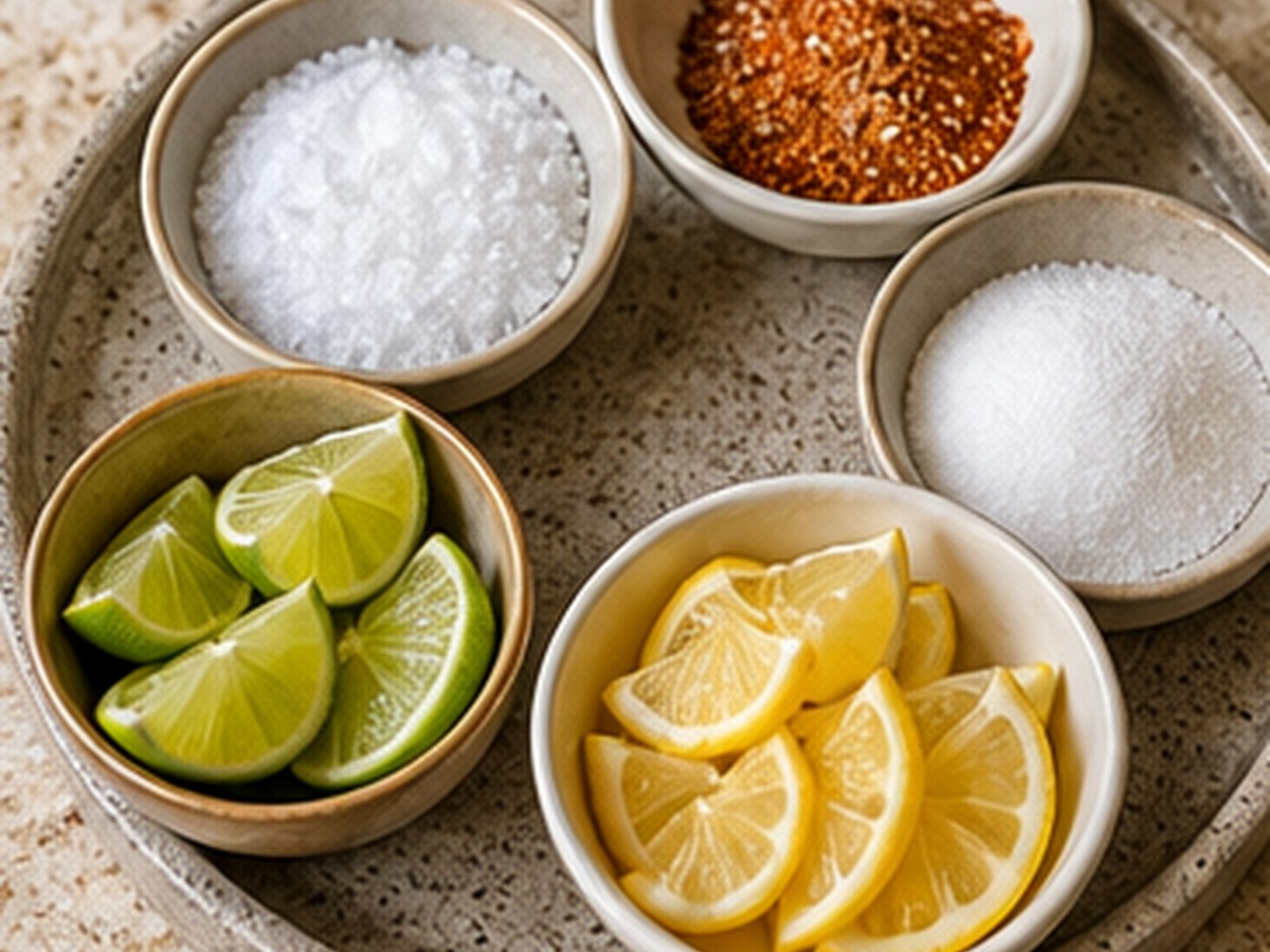 salt, sugar, and chili rim tray for 7 garnish tray ideas guests actually use
