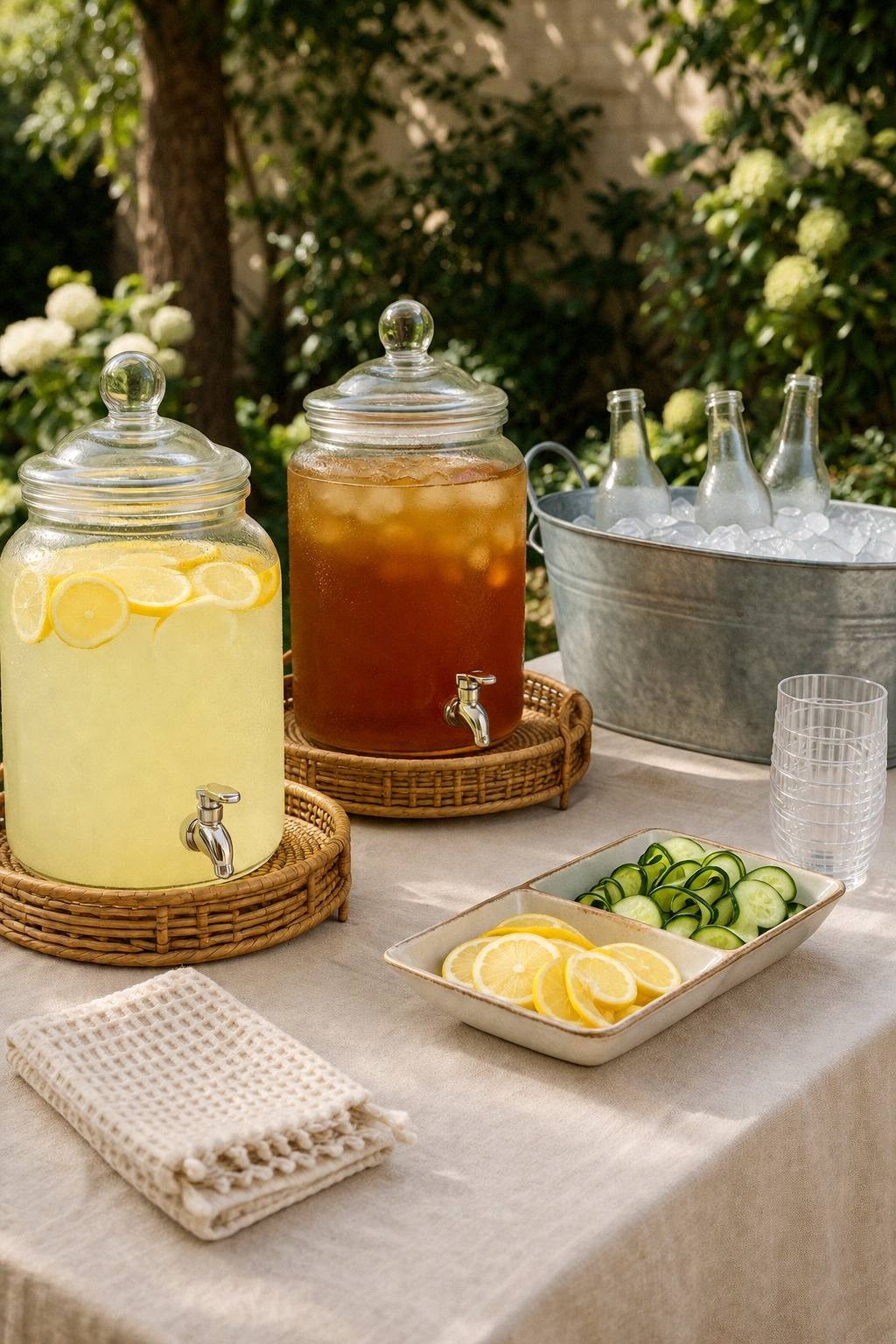 backyard BBQ drink station with two glass beverage servers, galvanized ice tub, round rattan trays, clear cups, citrus garnish, and a natural linen tablecloth