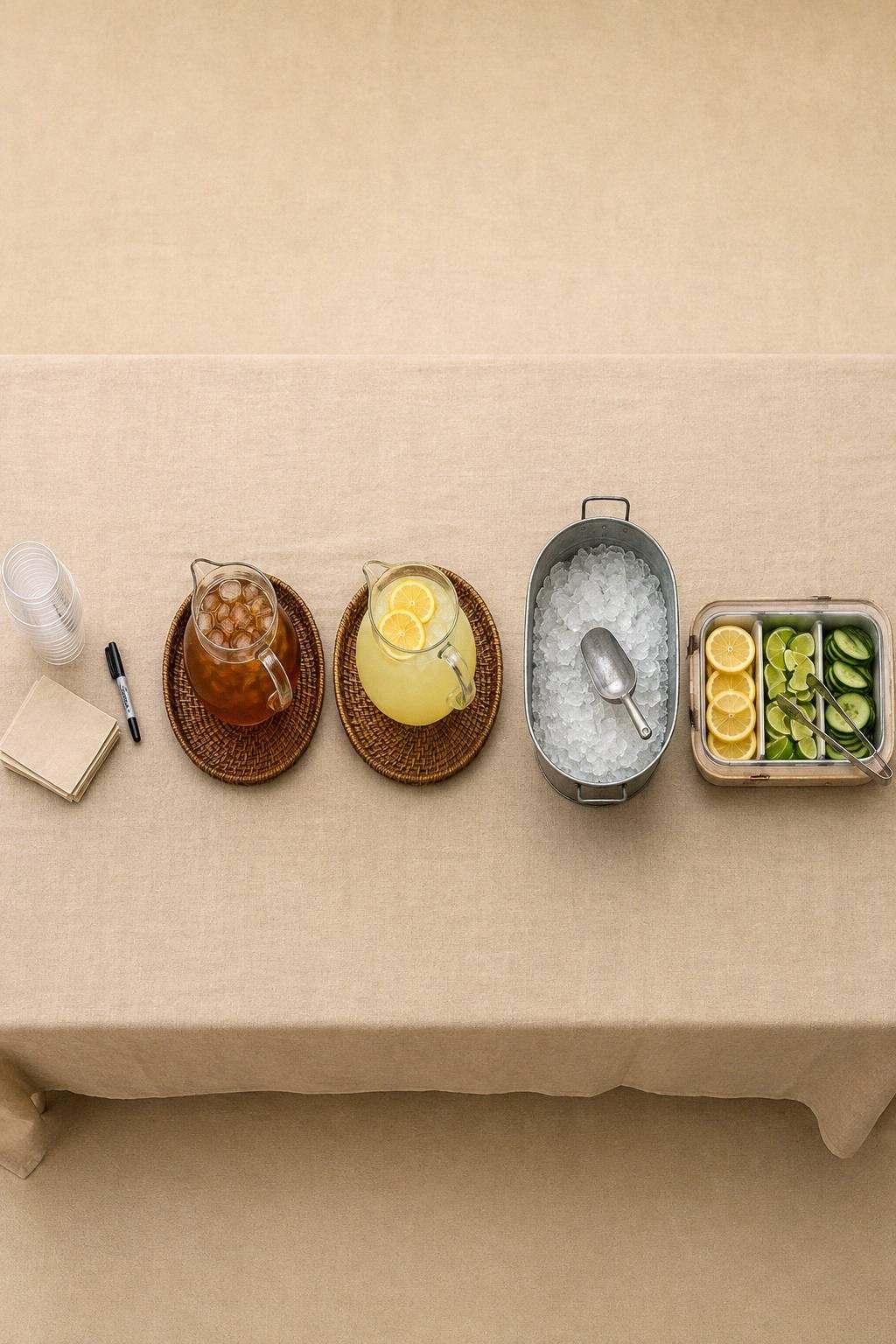 overhead view of a six-foot BBQ drink station arranged from cups to pitchers to ice tub to divided garnish tray