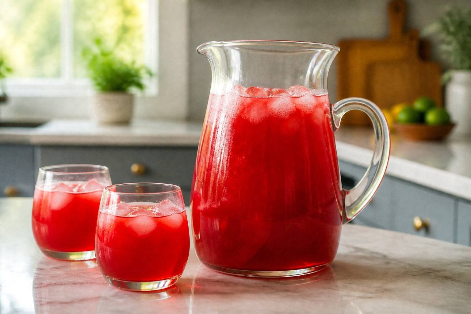 bright red cranberry vodka punch in clear bowl with floating lime wheels and fresh cranberries
