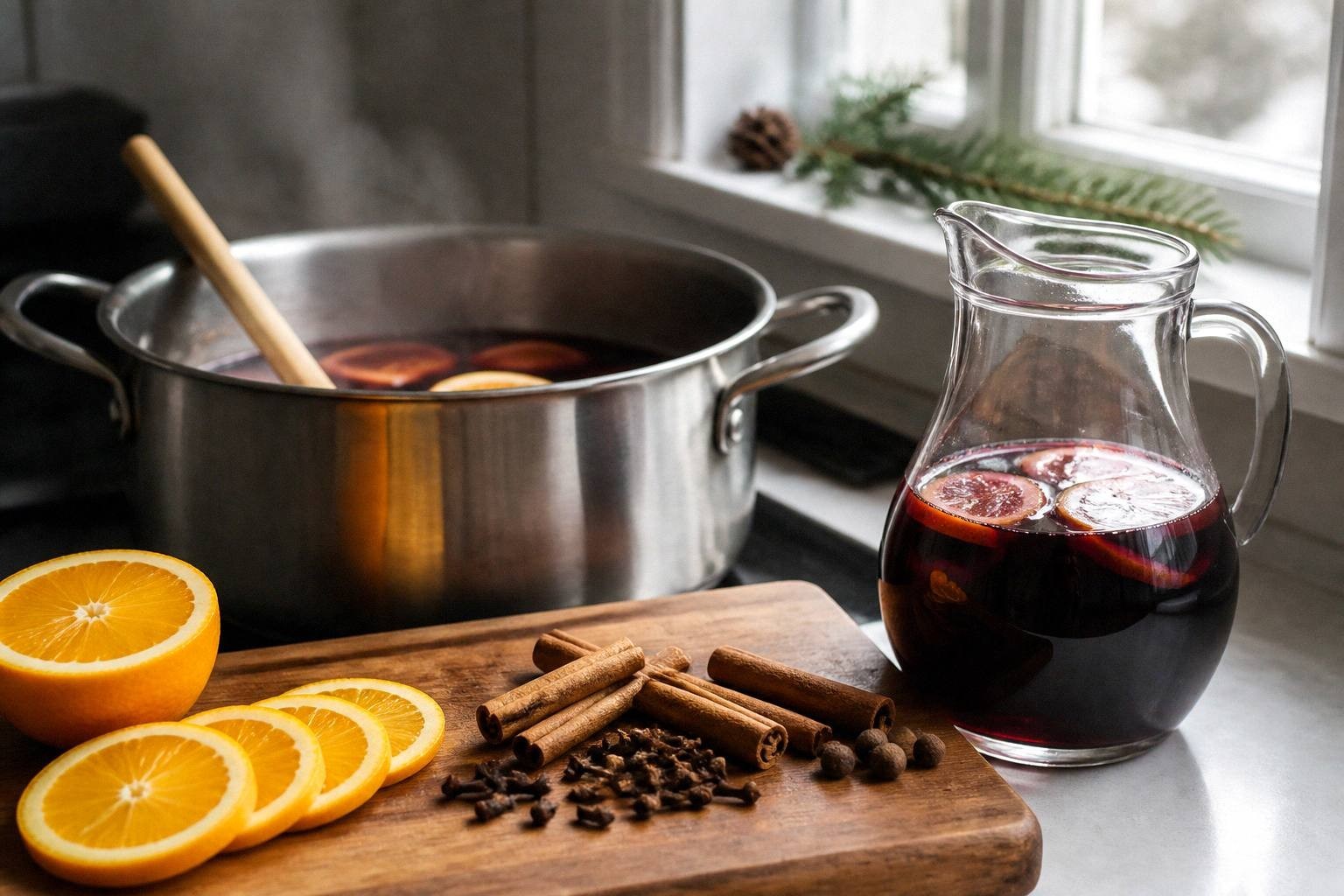 mulled wine simmering in pot with cinnamon sticks, orange slices, and whole cloves