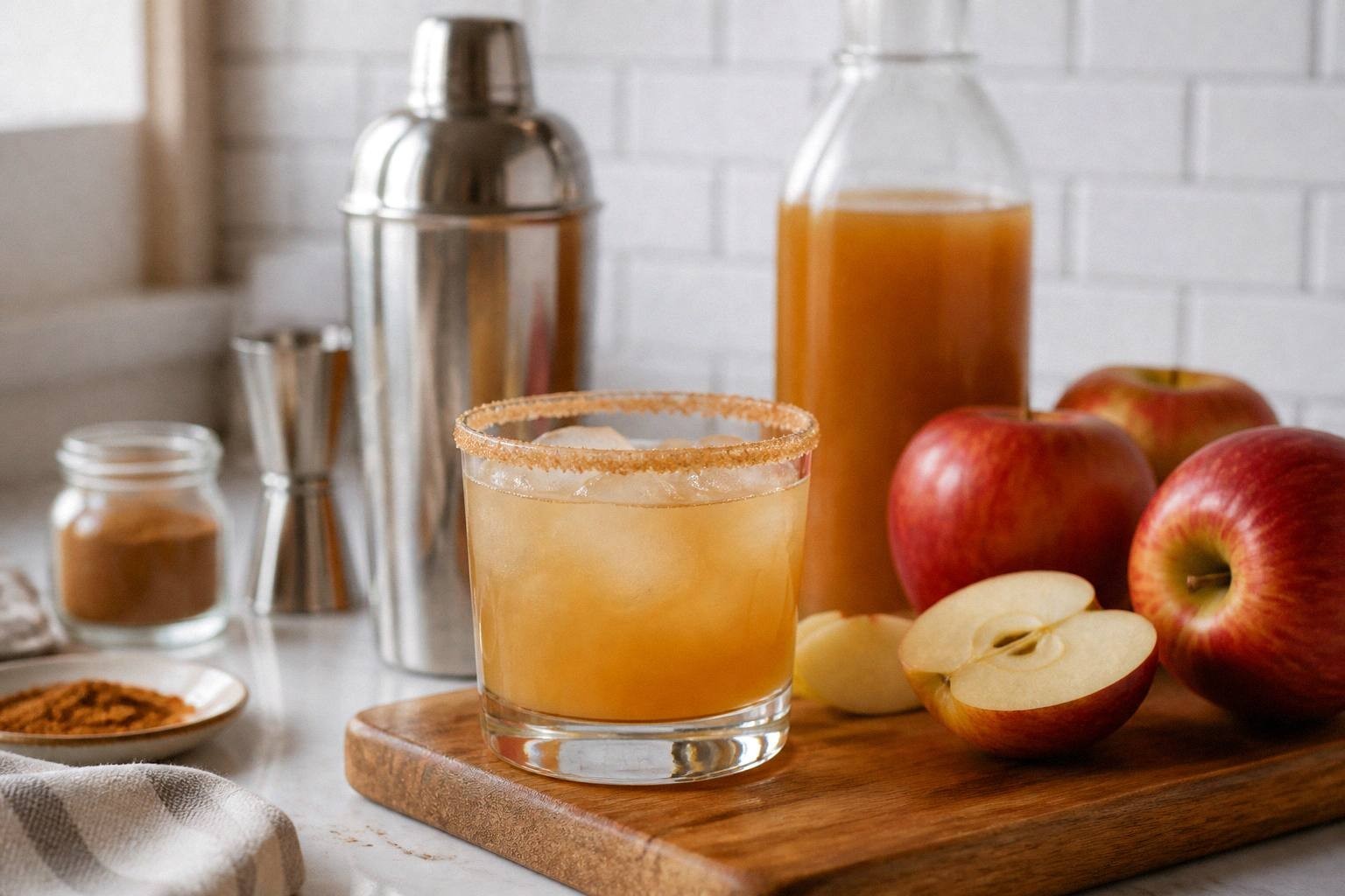 spiced apple cider margarita in glass with cinnamon sugar rim and apple slice garnish