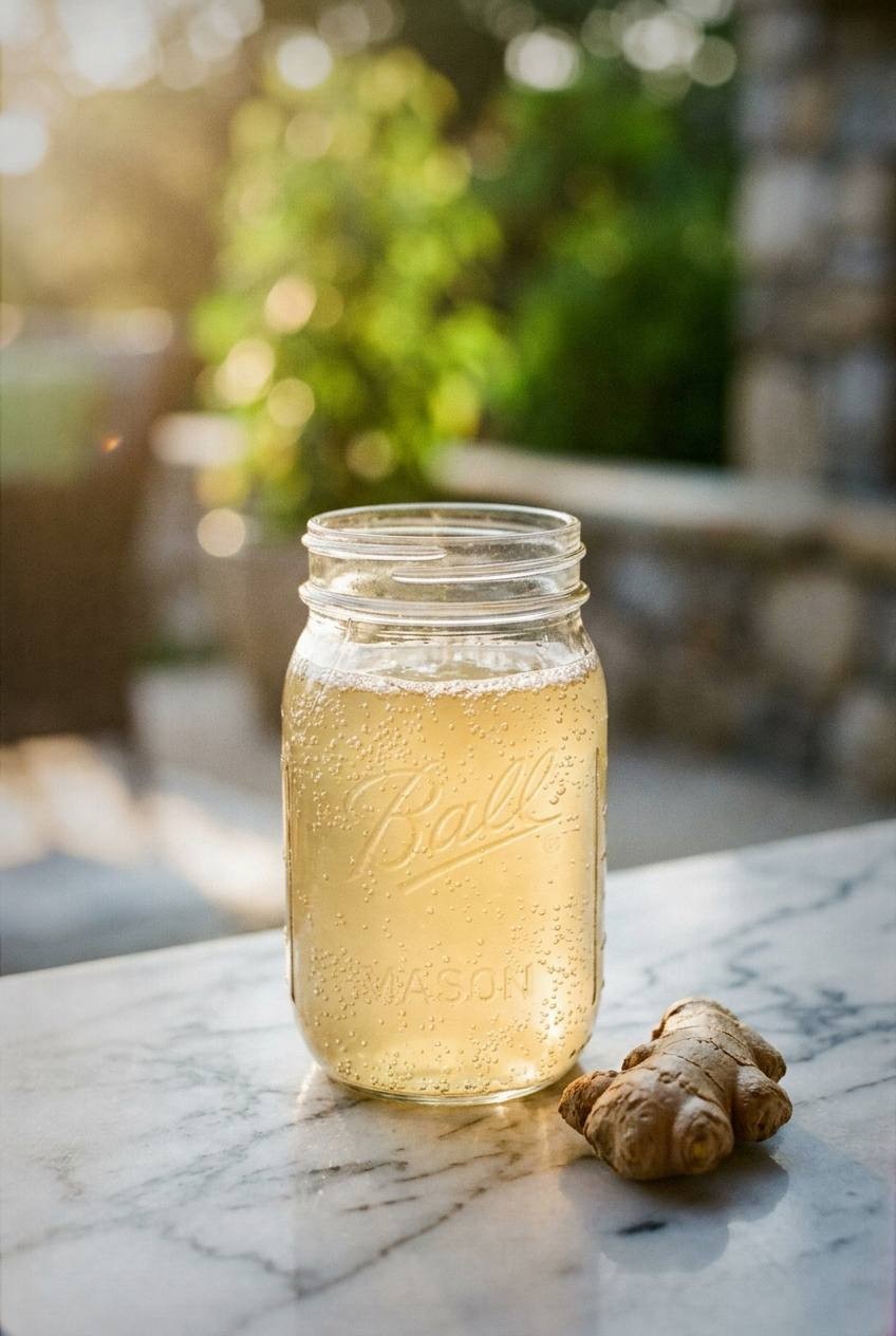 Ten glass bottles of floral fermented spring drinks arranged on rustic wooden table with fresh elderflowers, rose petals, violets, and lilac blossoms scattered around, natural outdoor spring light