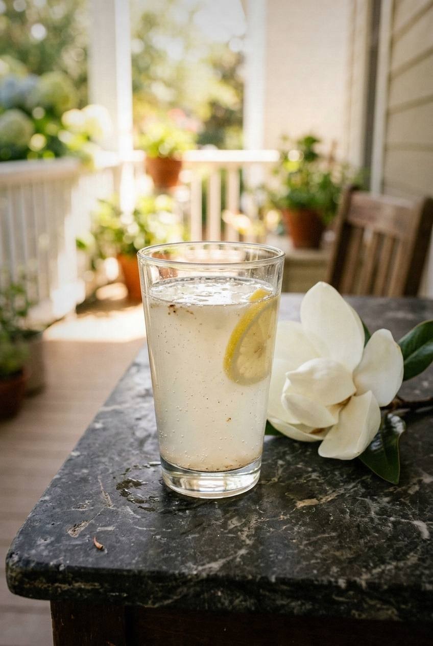Pale cream magnolia petal kvass in a clear glass on a dark marble surface, a large white magnolia bloom beside the glass, bright porch light
