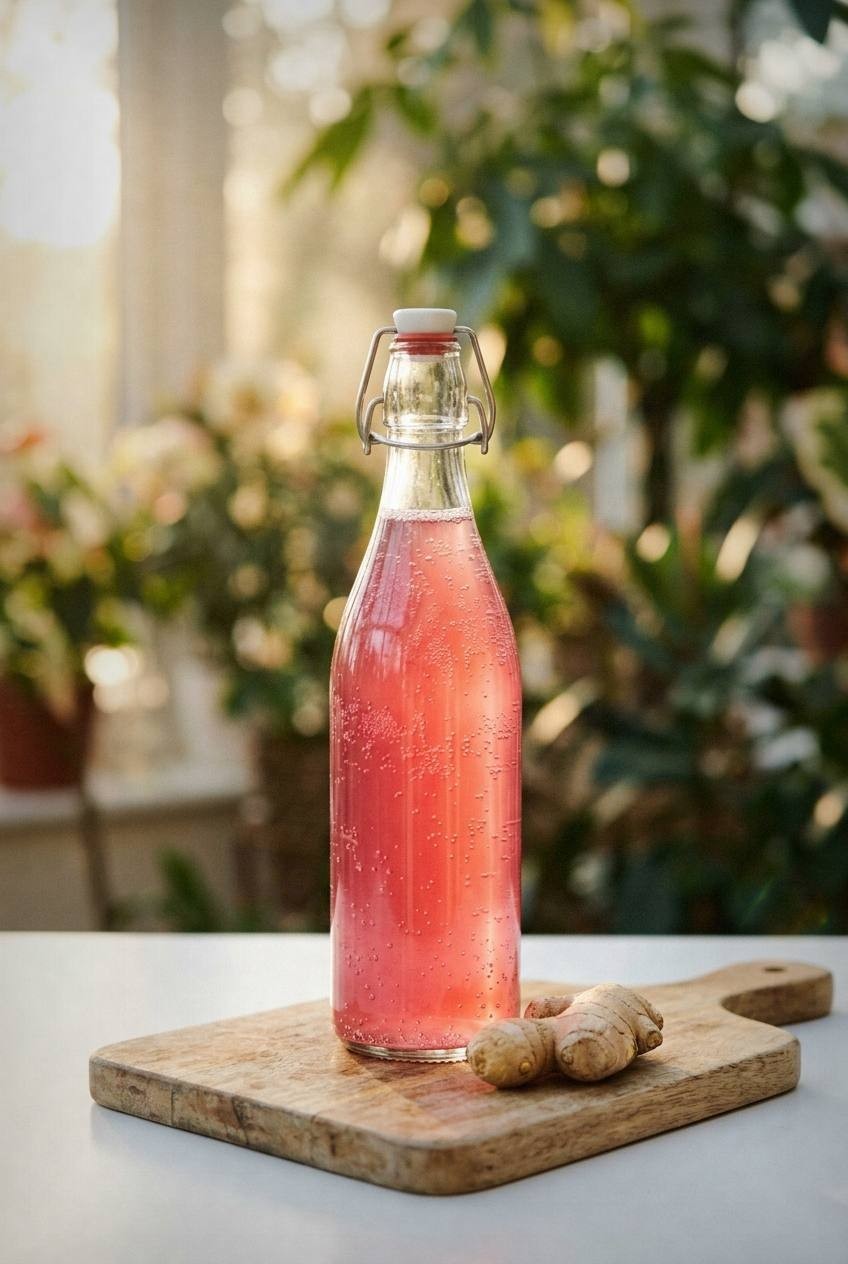 Rose jun fermenting in glass jar with floating SCOBY and rose petals, swing-top bottles filled with pale pink liquid, fresh damask roses beside bottles, bright spring kitchen window light