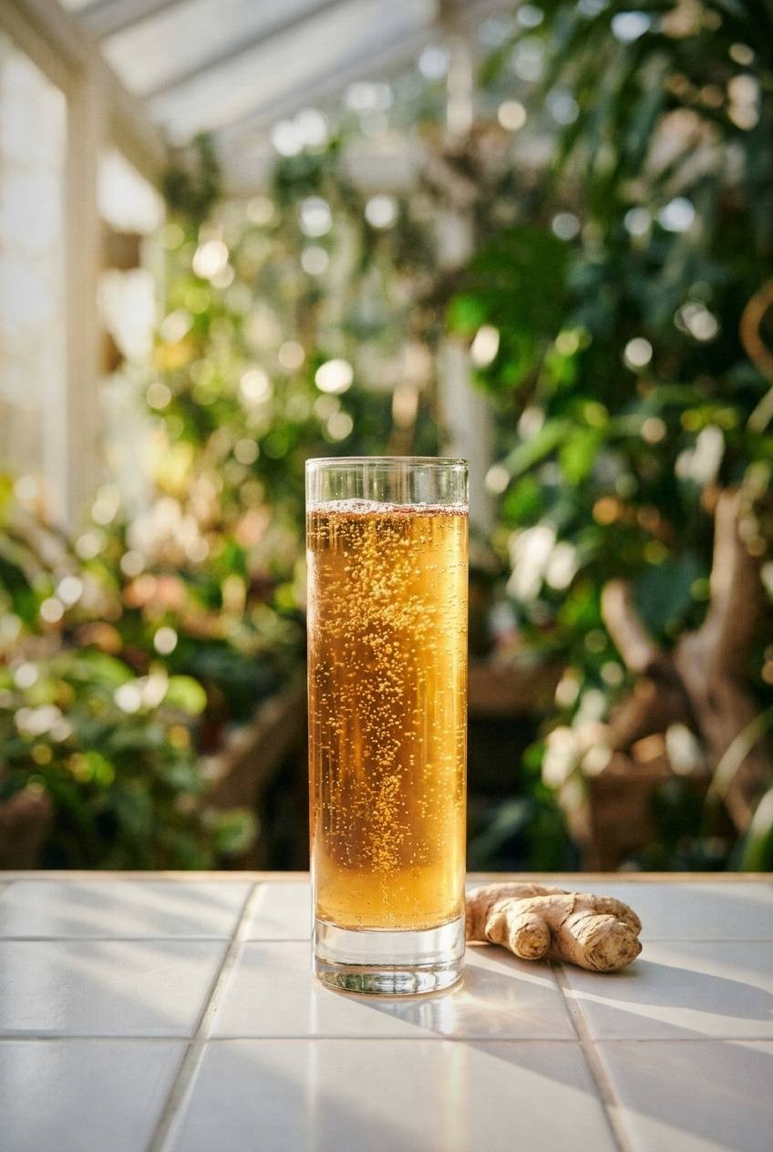 Lavender water kefir in clear swing-top bottles with condensation, fresh lavender sprigs, ice-filled glasses on marble surface, bright natural spring light showing pale purple liquid