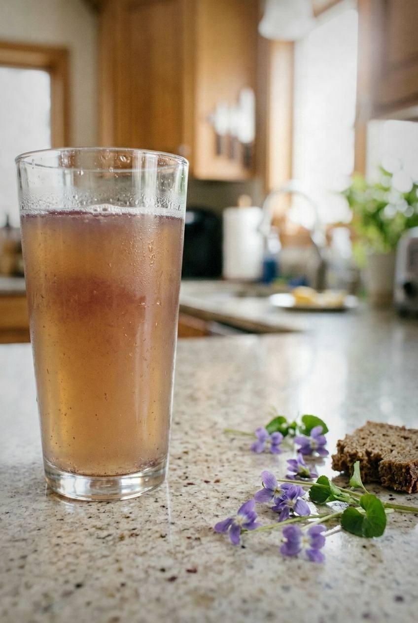 Violet kvass in a glass on a light granite countertop, fresh violet flowers scattered beside the glass, bright kitchen background