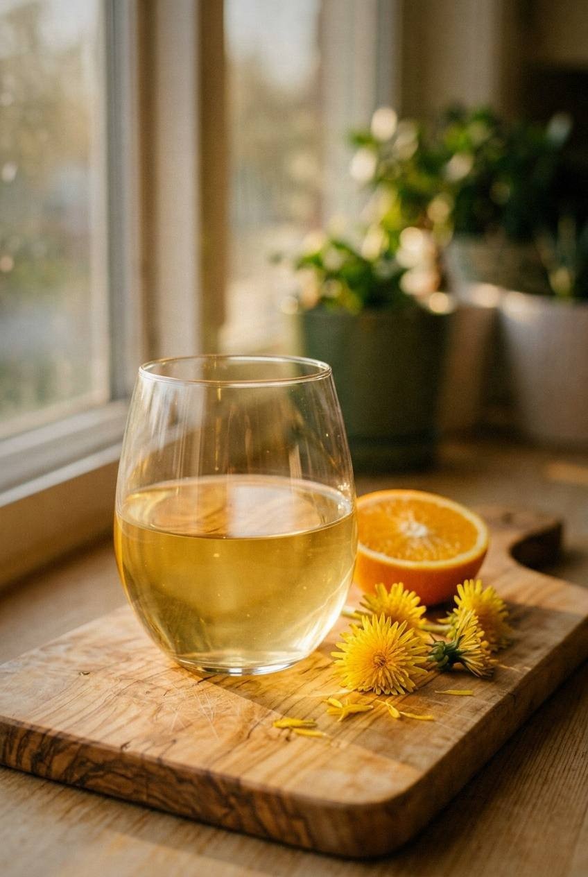 Pale gold dandelion wine in a wine glass on an olive wood cutting board, bright yellow dandelion flowers beside the glass, sunny kitchen window