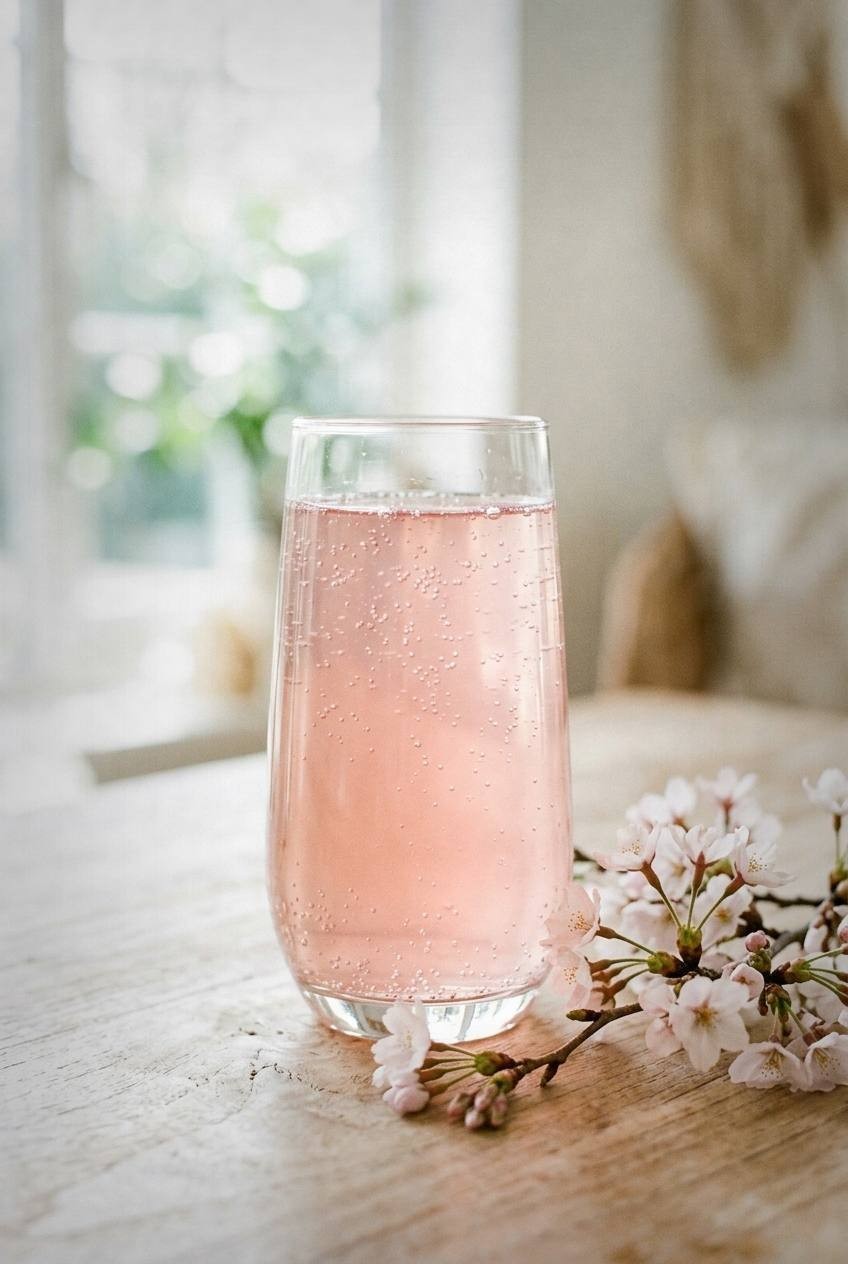 Pale pink cherry blossom kombucha in a clear glass on a light teak surface, fresh cherry blossom branch beside the glass, bright airy room