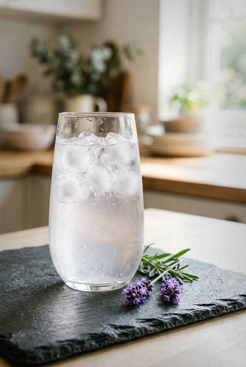 Lavender water kefir in a clear glass with ice on a slate surface, fresh lavender sprigs beside the glass, bright airy kitchen light