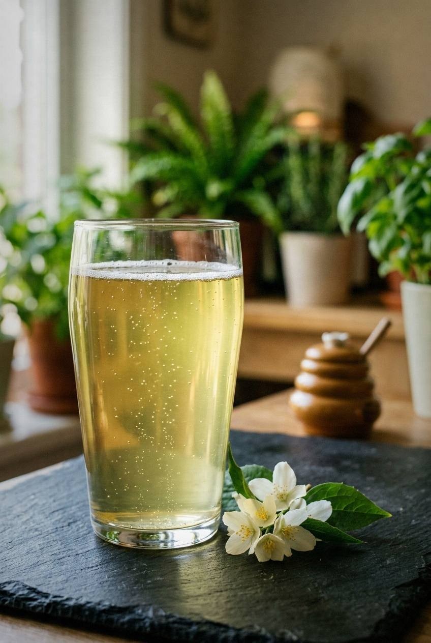 Jasmine jun tea in a clear glass with light carbonation on a dark slate surface, fresh white jasmine flowers beside the glass, kitchen with green plants
