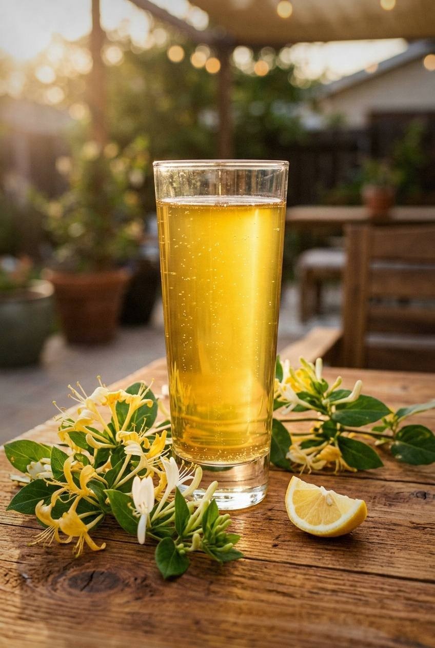 Golden honeysuckle mead in a tall glass with fine bubbles on a warm cedar table, fresh honeysuckle vines with flowers beside the glass, bright outdoor patio