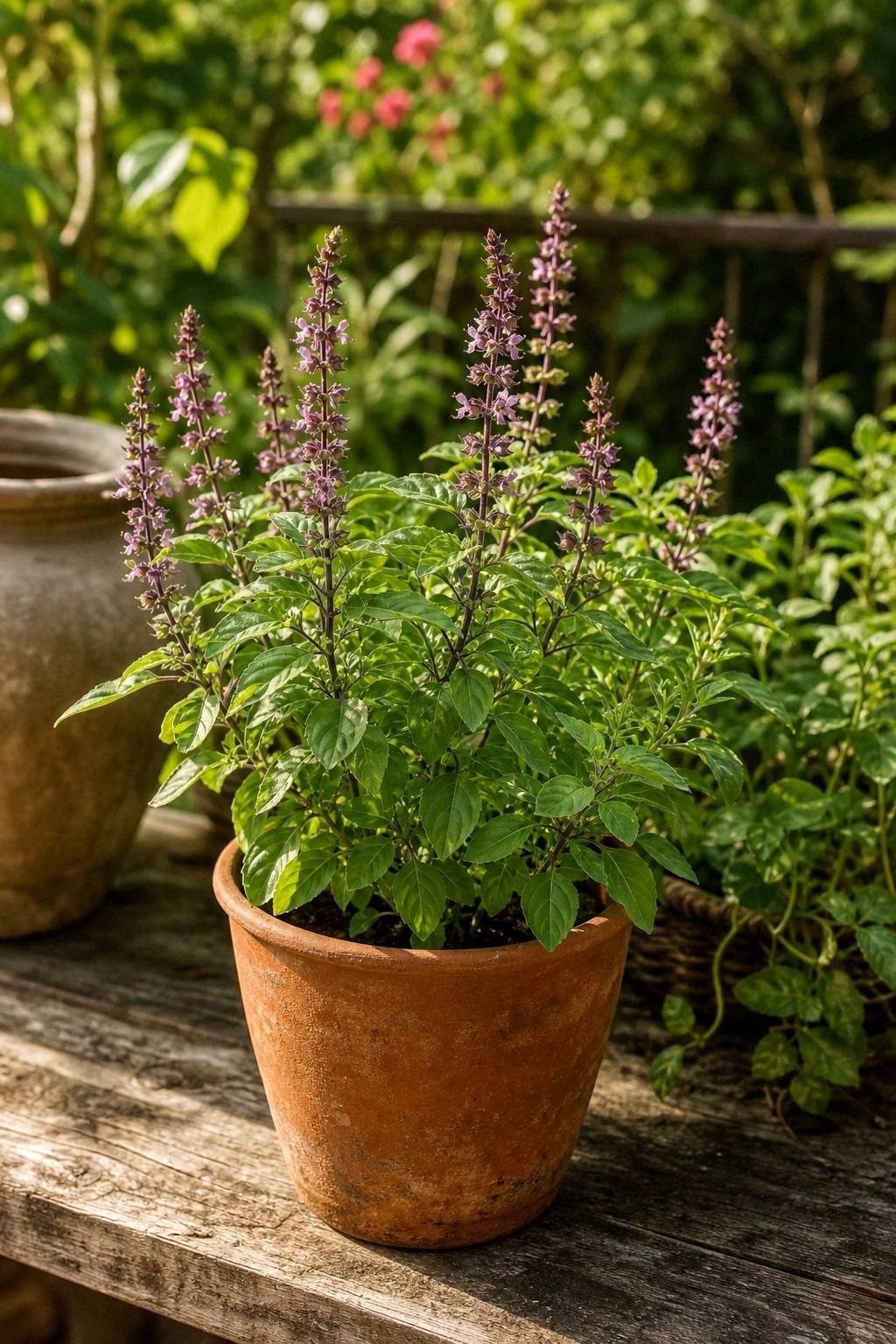 Holy basil tulsi plant with green leaves and purple flower spikes in a terracotta pot on a sunlit garden bench