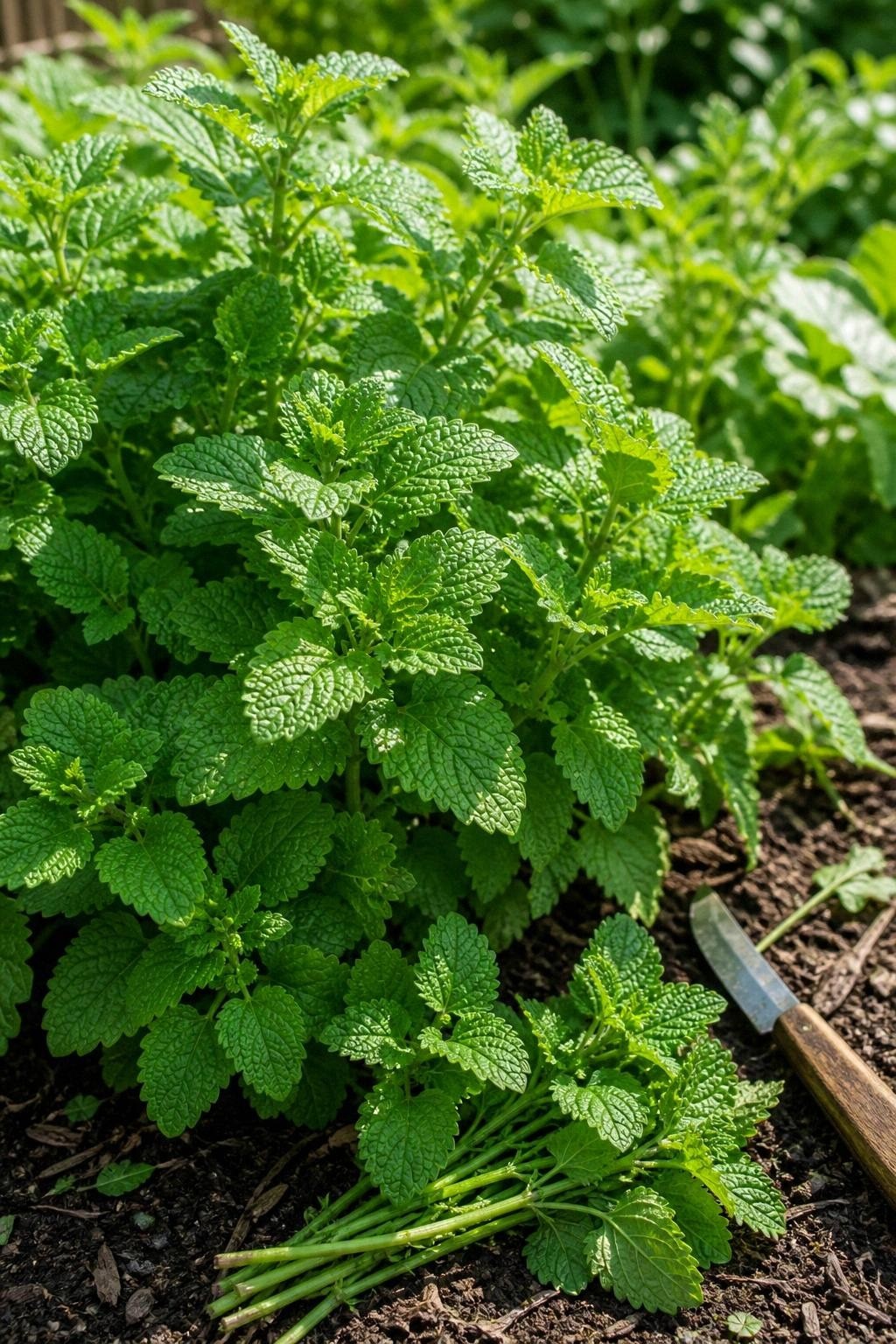 Lemon balm plant with bright green ruffled leaves in a sunny garden bed beside a wooden harvest knife