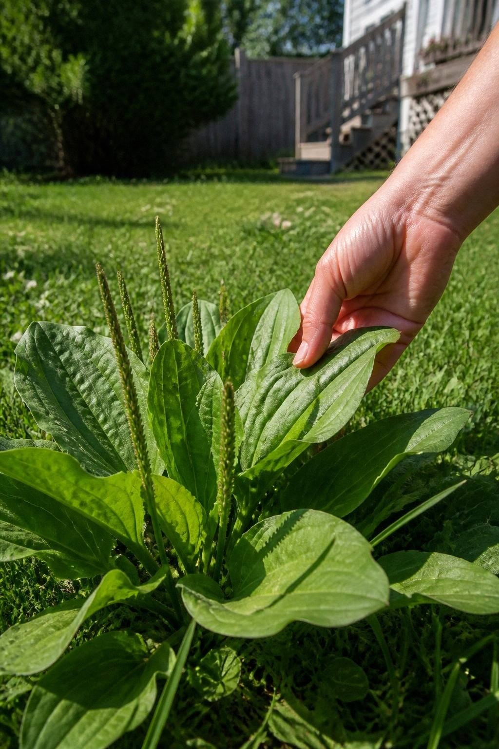 Broad green plantain leaves growing wild in a backyard lawn with a hand reaching down to harvest one