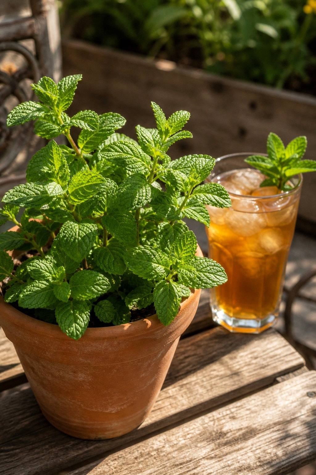 Peppermint plant in a terracotta pot with bright green leaves on a sunlit garden bench beside a glass of iced tea