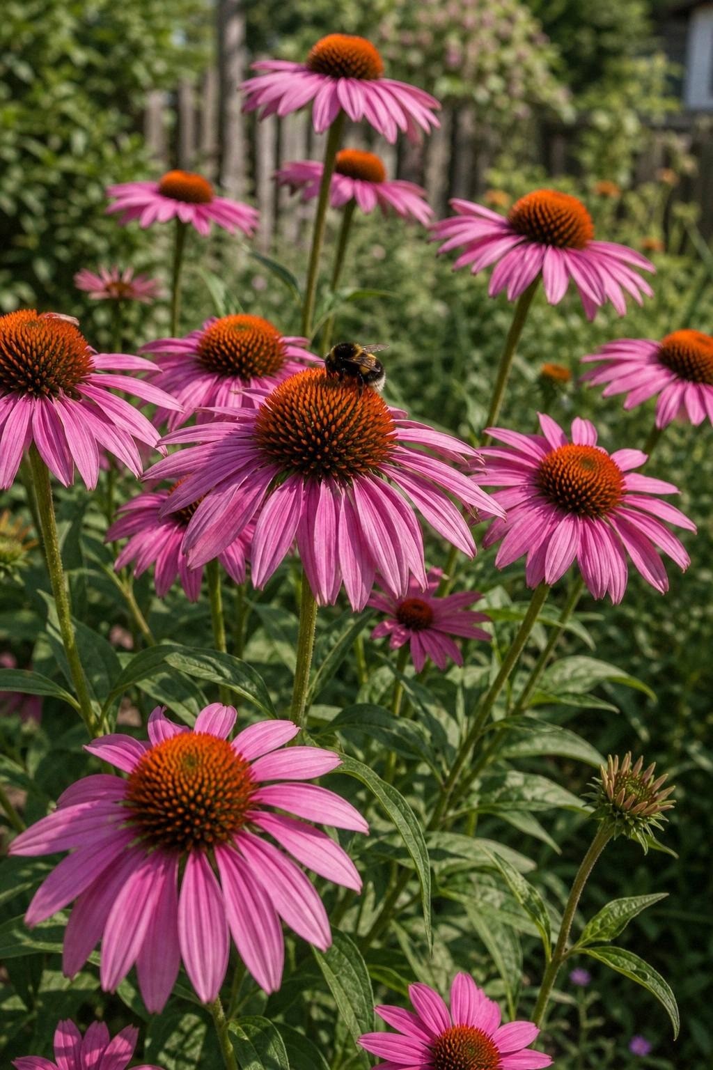 Purple echinacea coneflowers in full bloom in a backyard garden with a bumblebee on one of the flowers