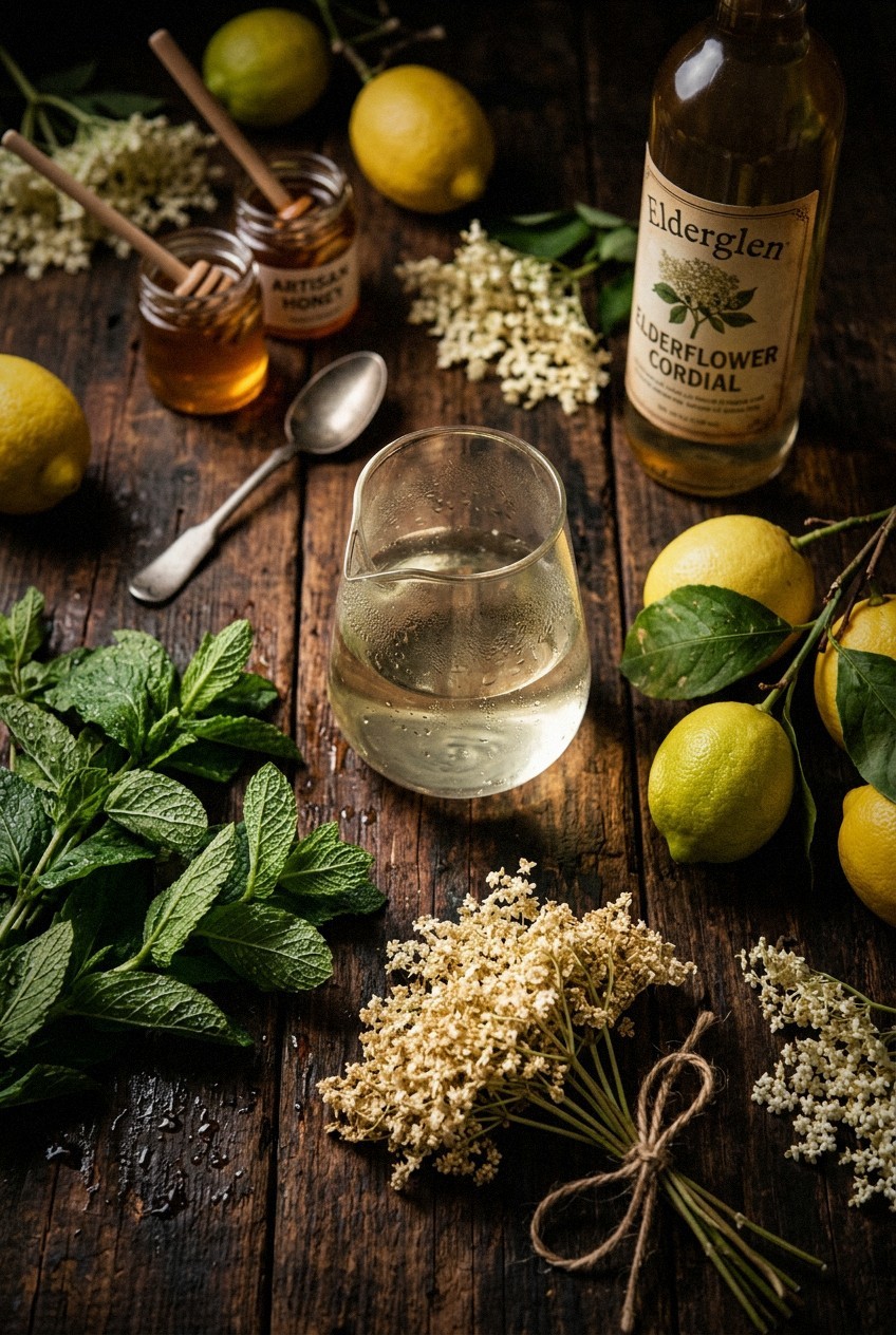 Ten spring mocktails arranged on outdoor wooden table with fresh mint sprigs, cucumber ribbons, and elderflower garnishes, natural afternoon light showing condensation on glasses