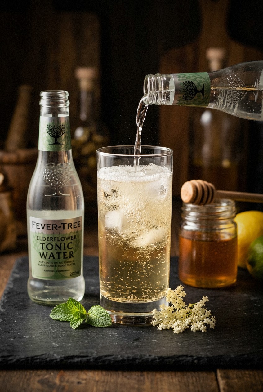 Close-up of elderflower cucumber cooler and rhubarb rosemary fizz side by side showing ice clarity, herb placement, and condensation on glass exteriors with spring garden background