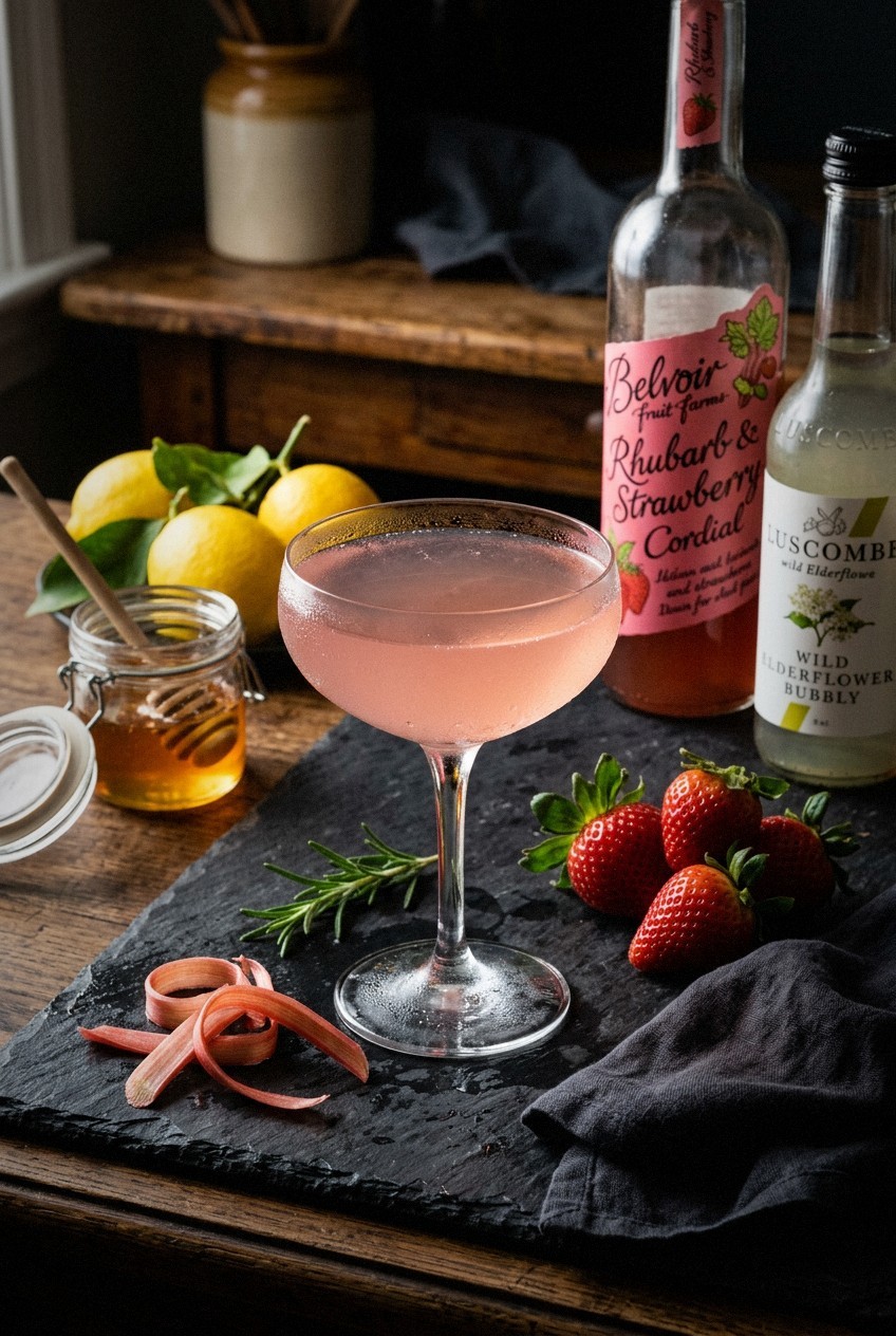 Outdoor spring party setup with multiple mocktails on serving tray, fresh herb bundles, citrus halves, and vintage glass bottles, afternoon sunlight creating shadows on white tablecloth