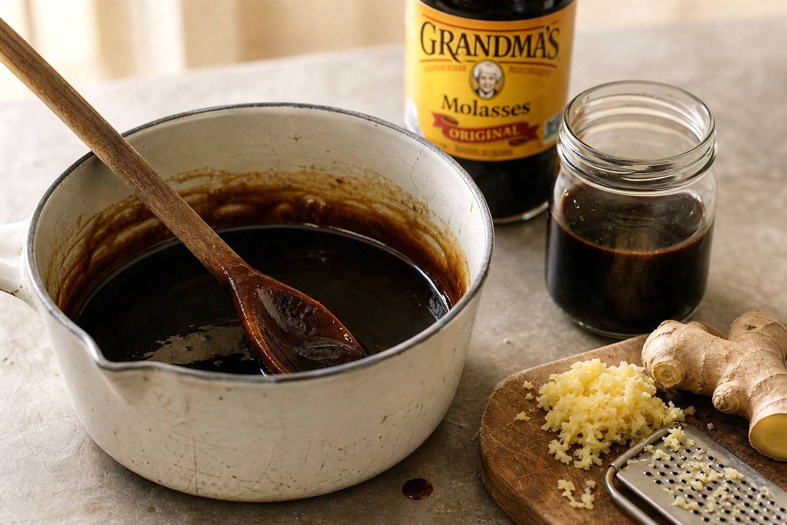 dark gingerbread syrup in a small saucepan with grated fresh ginger