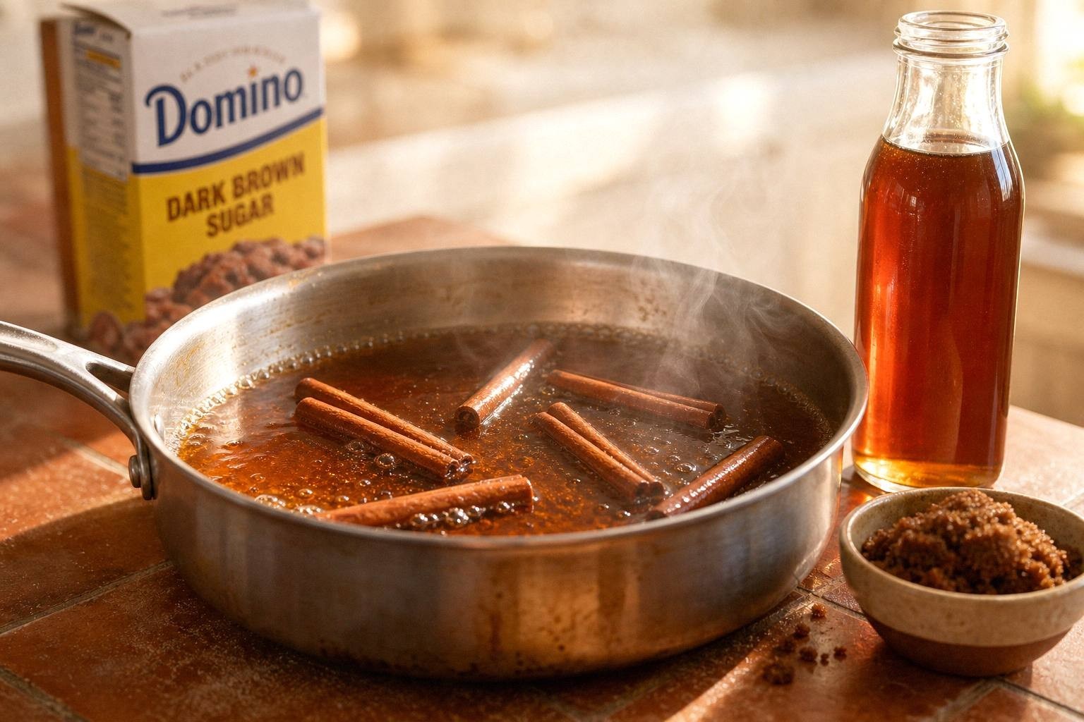 brown sugar syrup simmering with six cinnamon sticks in a saucepan