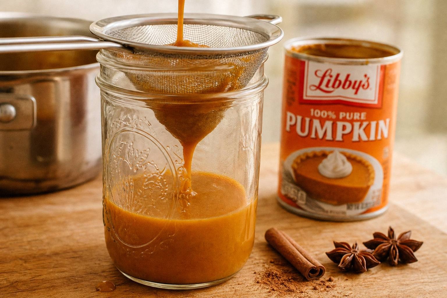 pumpkin spice syrup being poured through a fine mesh strainer into a jar