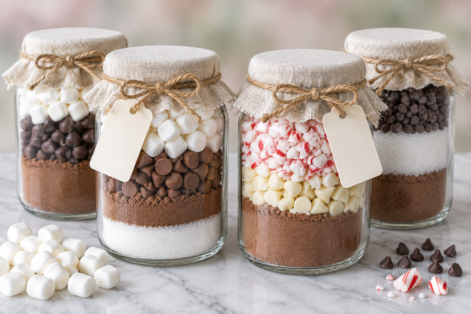 Four glass jars filled with layered hot cocoa mix ingredients on a wooden surface