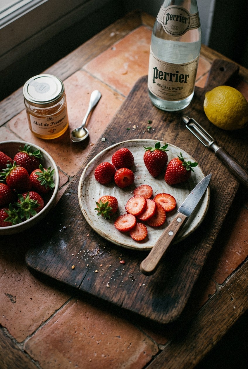 Five strawberry mocktails in clear glasses with ice, fresh herbs, and sliced strawberries on a white marble countertop with bright natural sunlight and condensation on the glasses
