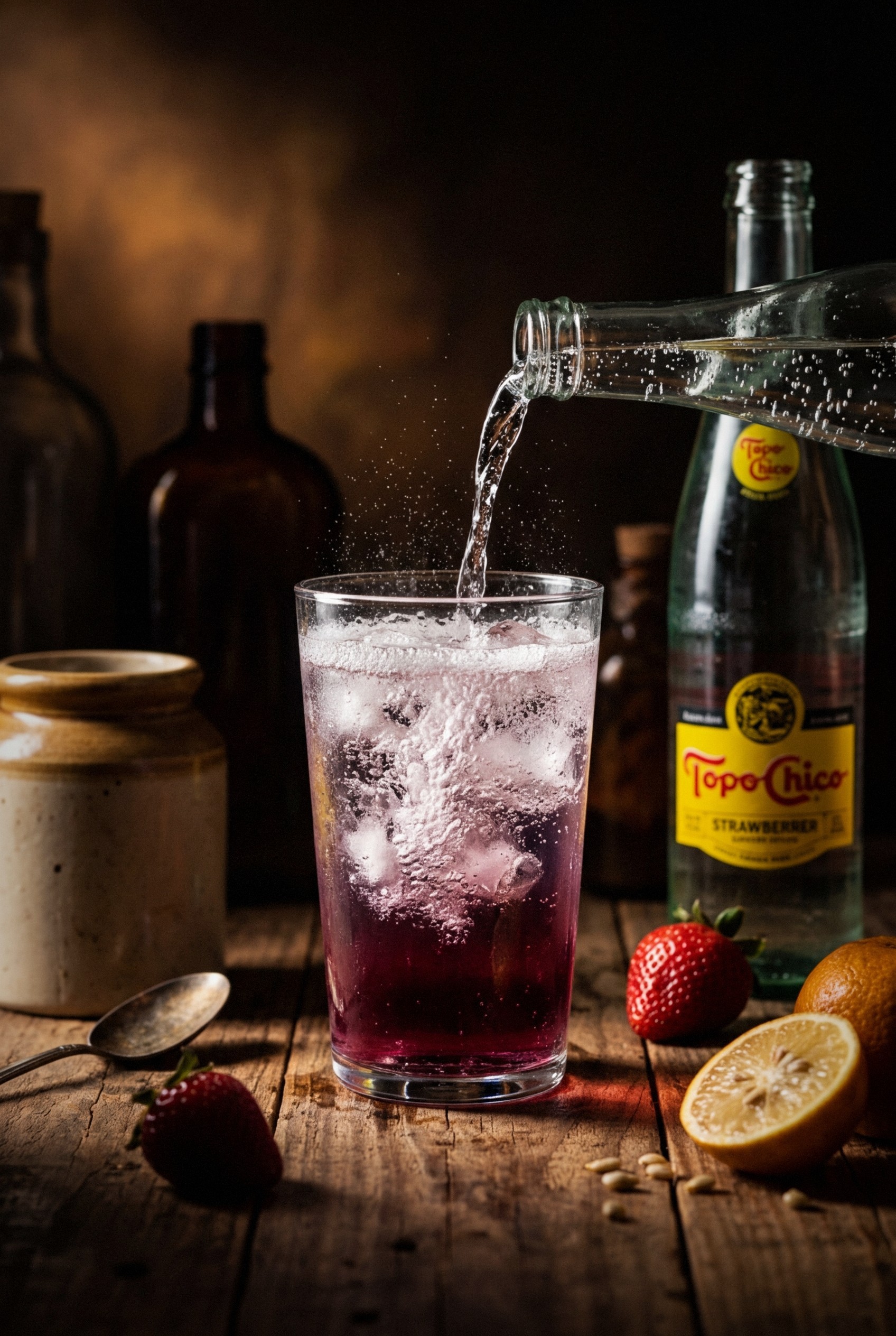 Hands muddling fresh strawberries and basil leaves in a clear glass with a wooden muddler on a bright kitchen counter with sliced strawberries scattered around