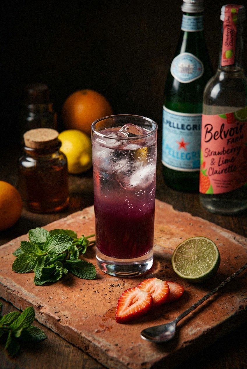 Five finished strawberry mocktails arranged on a wooden tray outdoors with fresh herb garnishes, ice cubes, and strawberry slices, photographed in bright afternoon sunlight with garden greenery in the background