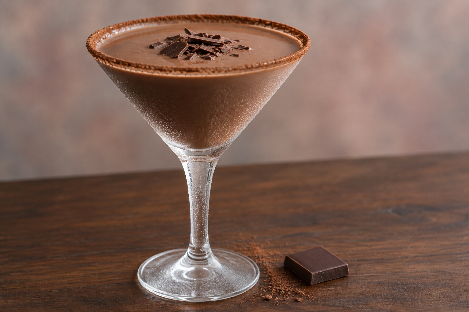 Chocolate martini in a stemmed glass with cocoa powder dusted around the rim