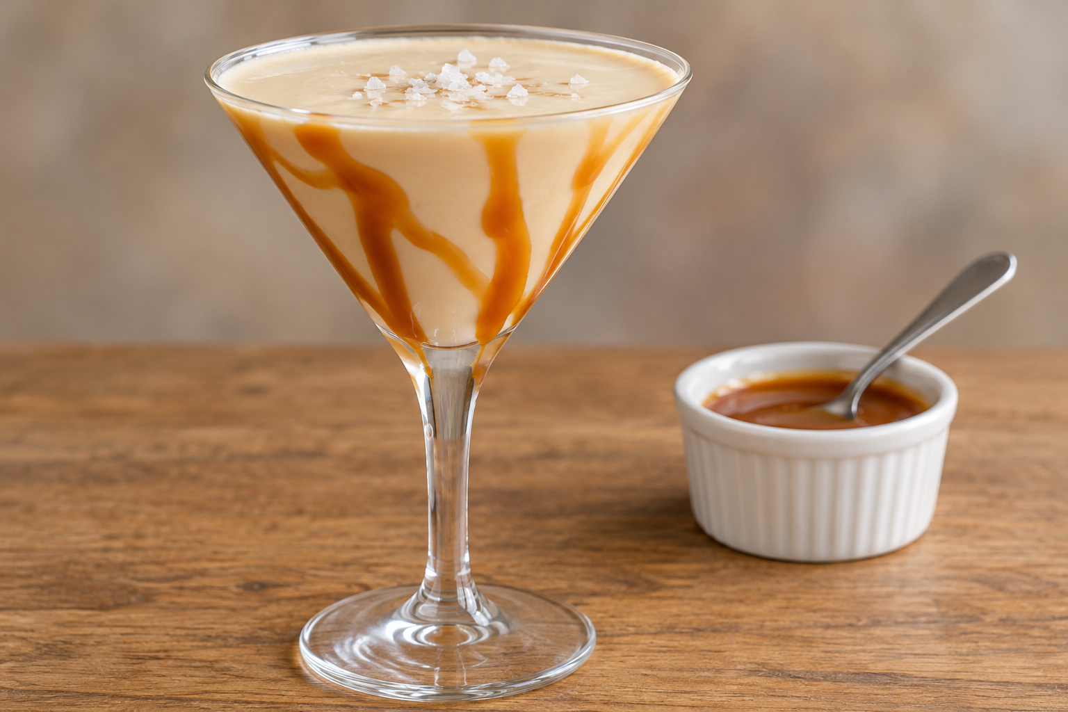 Salted caramel martini with caramel sauce drizzled down the inside of a coupe glass