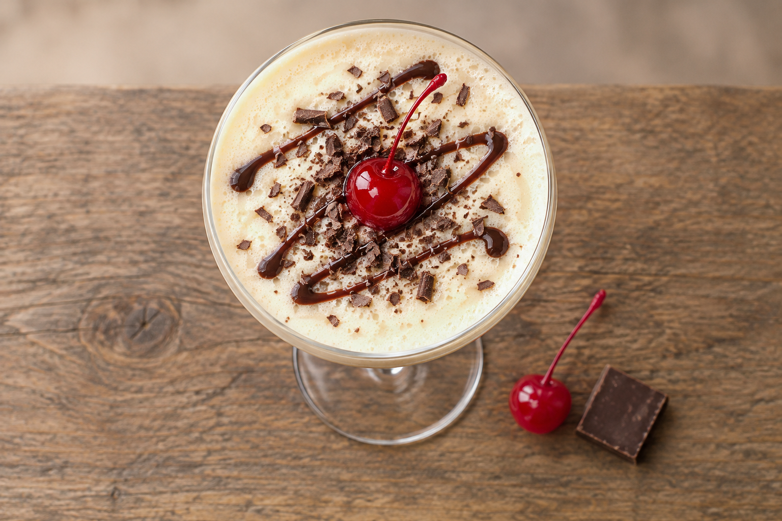 Boston creme pie martini in a martini glass topped with a maraschino cherry