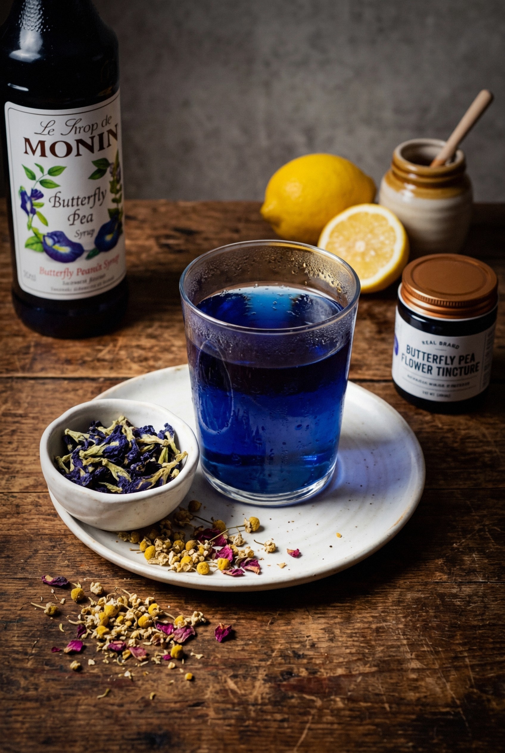 Seven glass pitchers of colorful herbal iced tea recipes including bright red hibiscus tea, green mint tea, and blue butterfly pea flower tea with ice cubes and fresh herb garnishes on outdoor table in spring sunlight