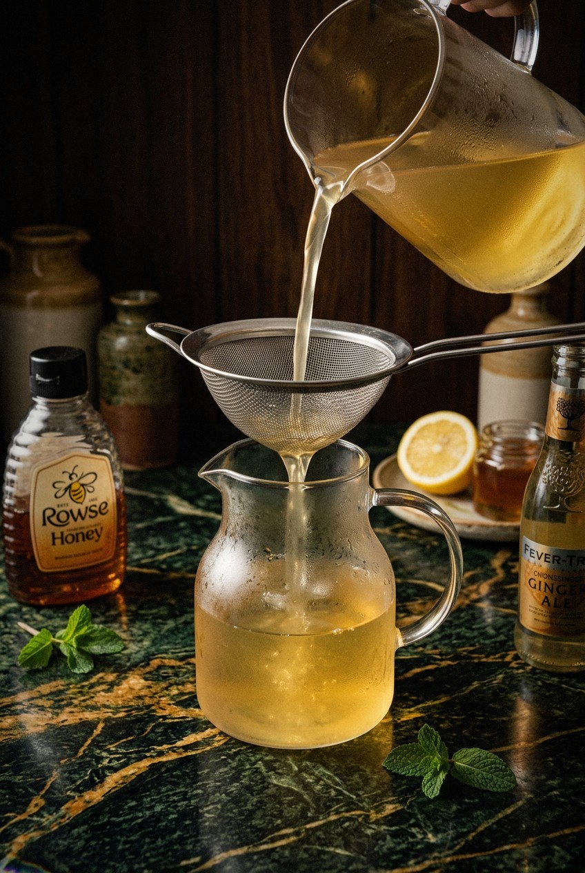Close-up of cold brewing herbal tea in glass pitcher showing dried hibiscus flowers steeping in cold water with condensation on glass and ice cubes nearby on marble countertop