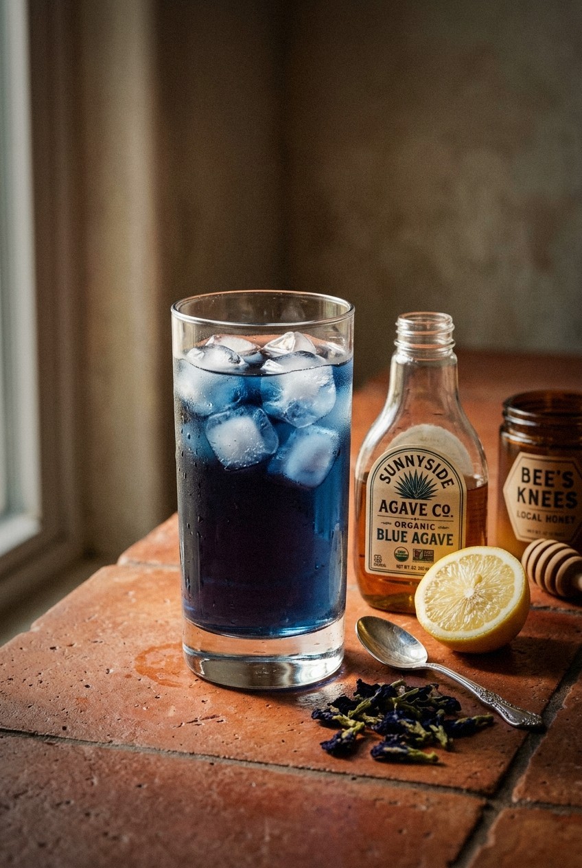 Overhead flat lay of seven different herbal iced tea recipes in clear glasses with ice showing red hibiscus tea, purple butterfly pea lemonade, green mint tea, pink rose lavender tea, amber rooibos tea with orange slices and fresh herb garnishes on white marble