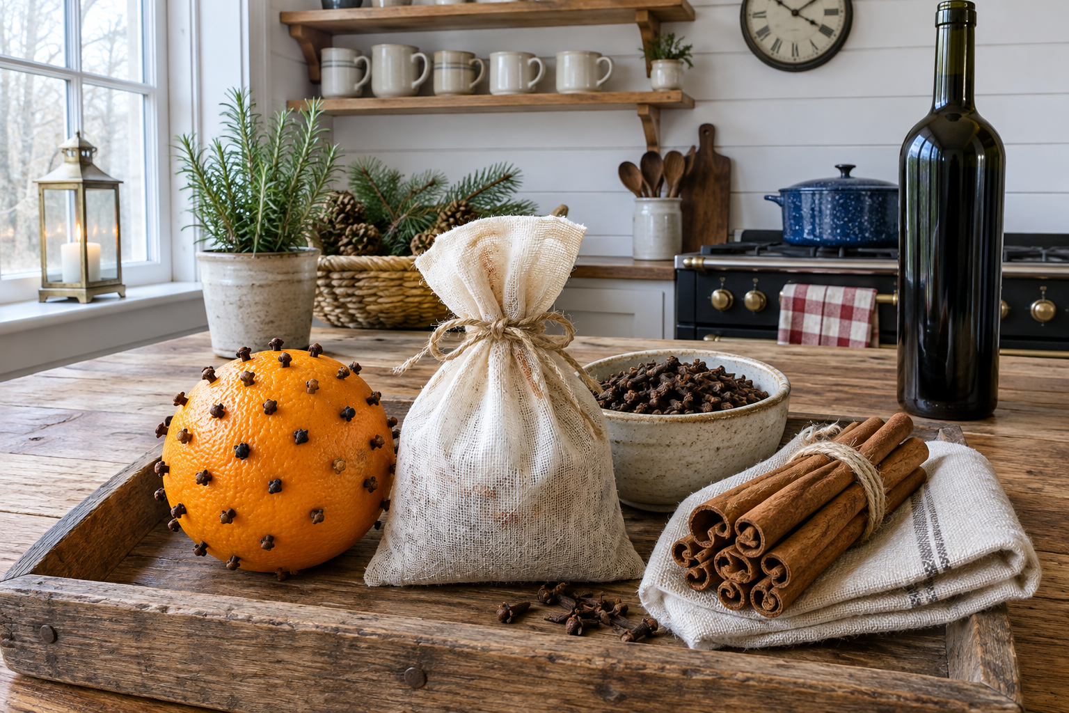 Mulled wine kit with muslin spice pouch, cinnamon sticks, whole cloves, and studded orange on a kitchen counter