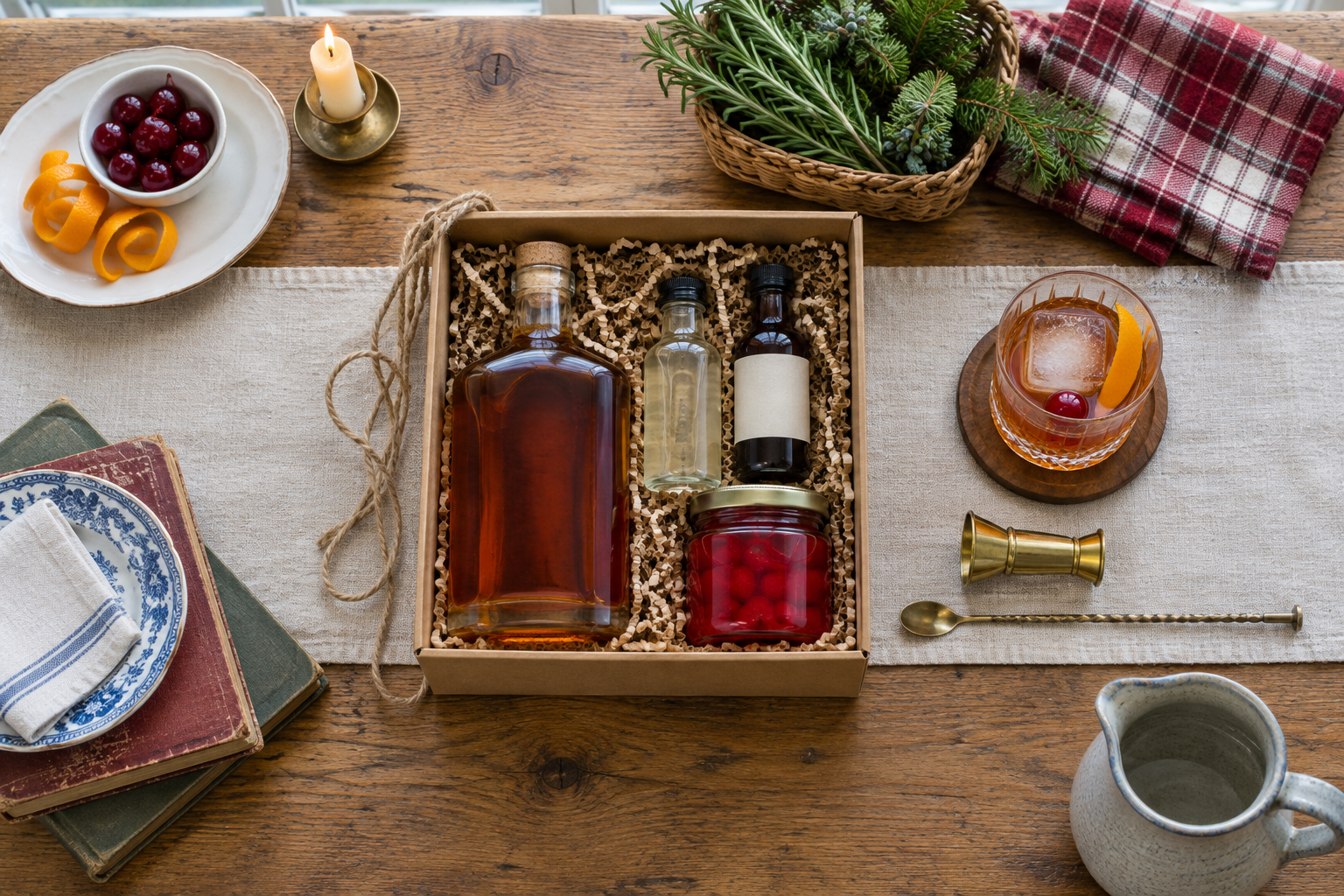 Old Fashioned kit with bourbon bottle, bitters, simple syrup, maraschino cherry, and rocks glass