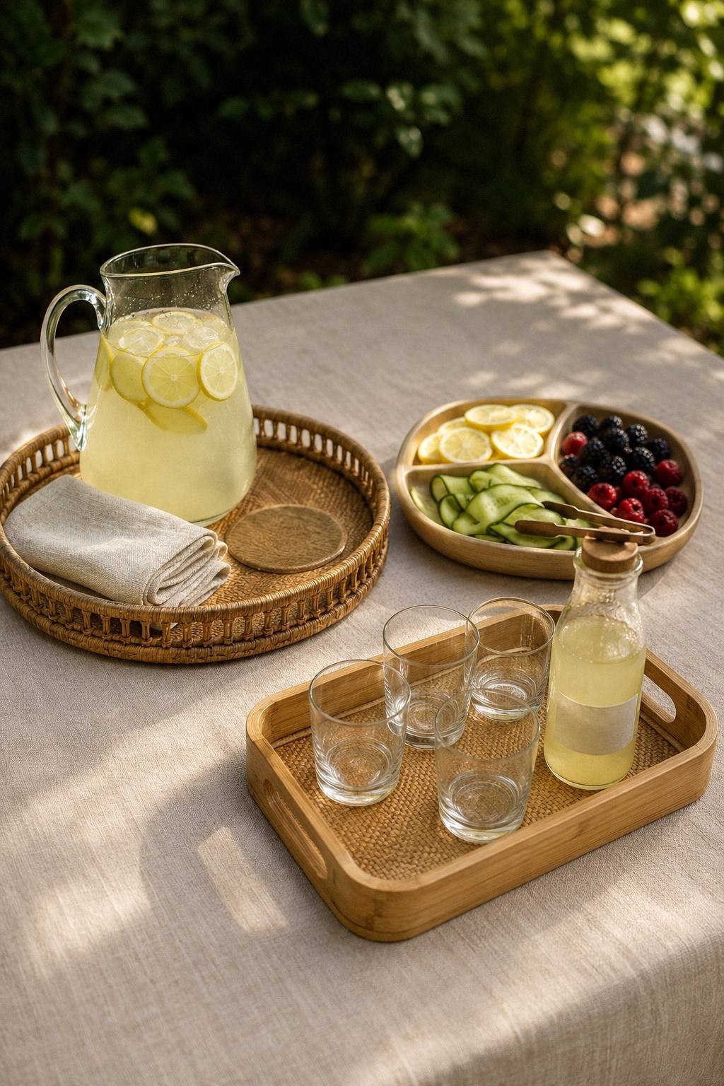 three-tray drink station plan with a pitcher tray, divided garnish tray, and handled refill tray