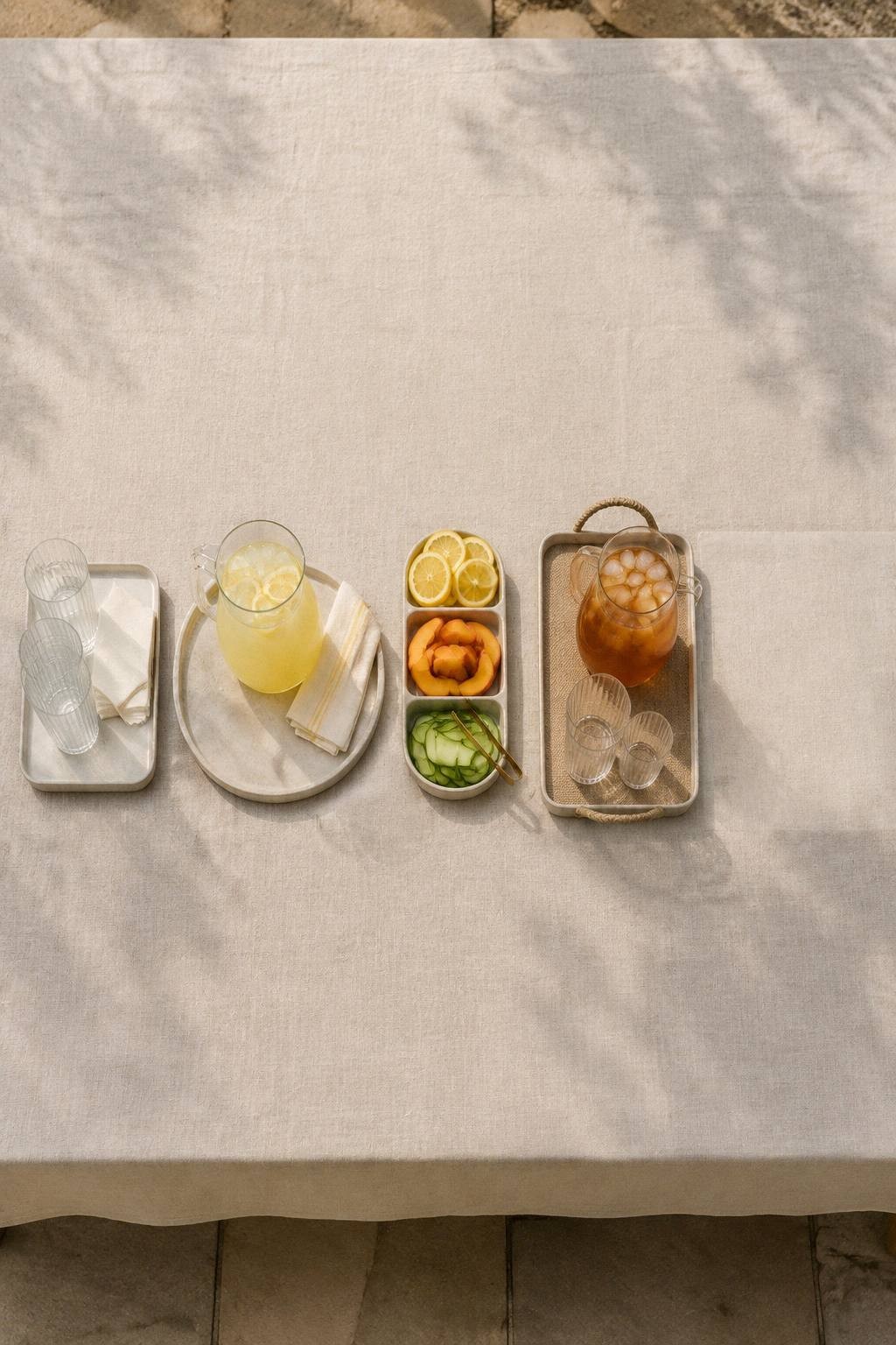 overhead drink table layout with cup tray, pitcher tray, garnish tray, refill tray, and cleanup tray