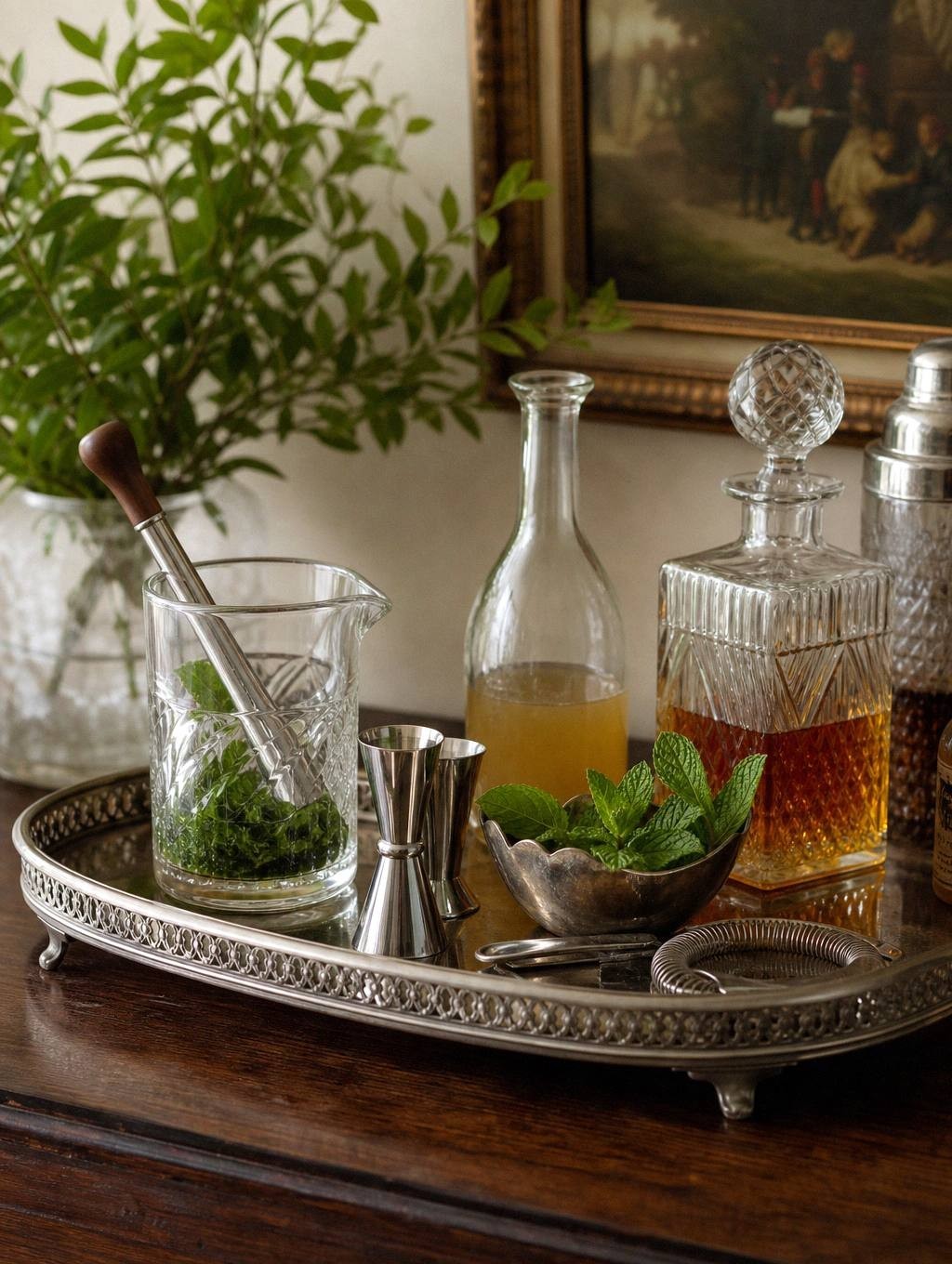 round silver bar tray on a wooden bar top with two coupe glasses and a small bowl of citrus