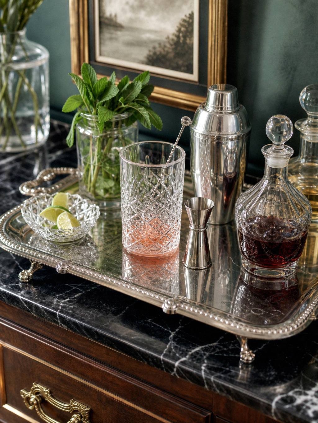 large rectangular silver tray with wood handles holding a pitcher and stacked glasses