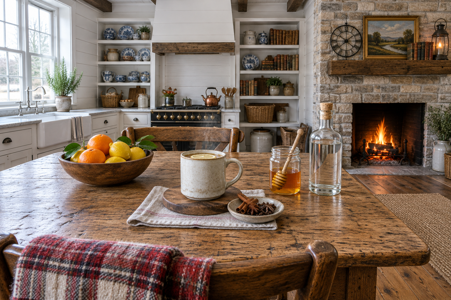 Hot gin toddy in a clear glass mug with a lemon slice floating on top and steam rising
