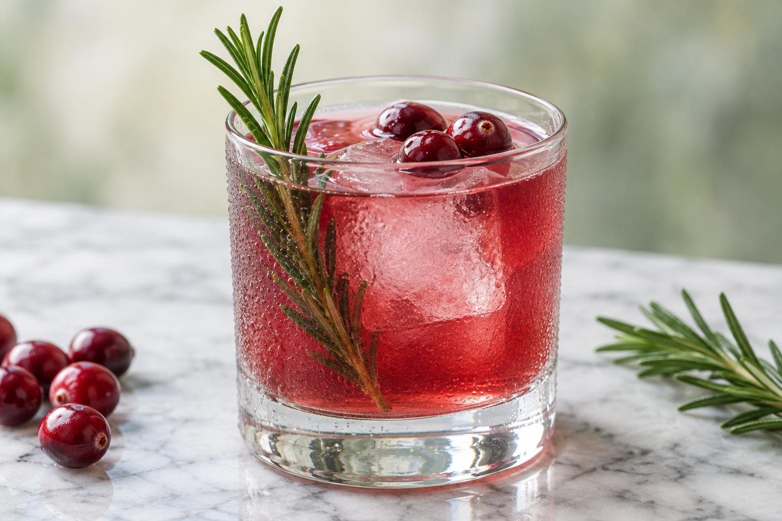 Seven winter gin cocktails arranged on a wooden table with cranberries, citrus, and fresh herbs
