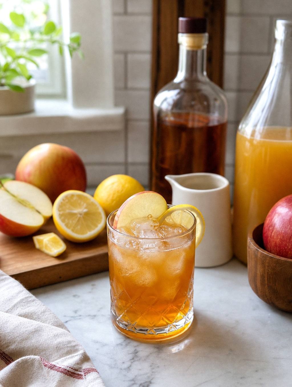 Apple cider bourbon cocktail in glass with apple slice, thyme sprig, and cinnamon stick garnish