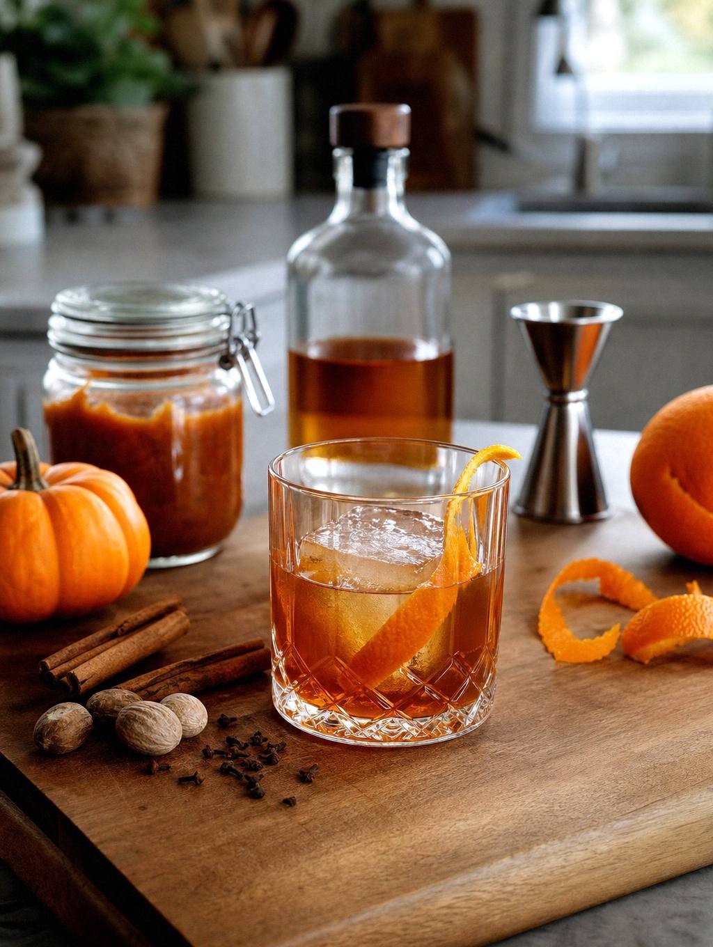 Pumpkin spice old fashioned in rocks glass with large ice cube and star anise garnish